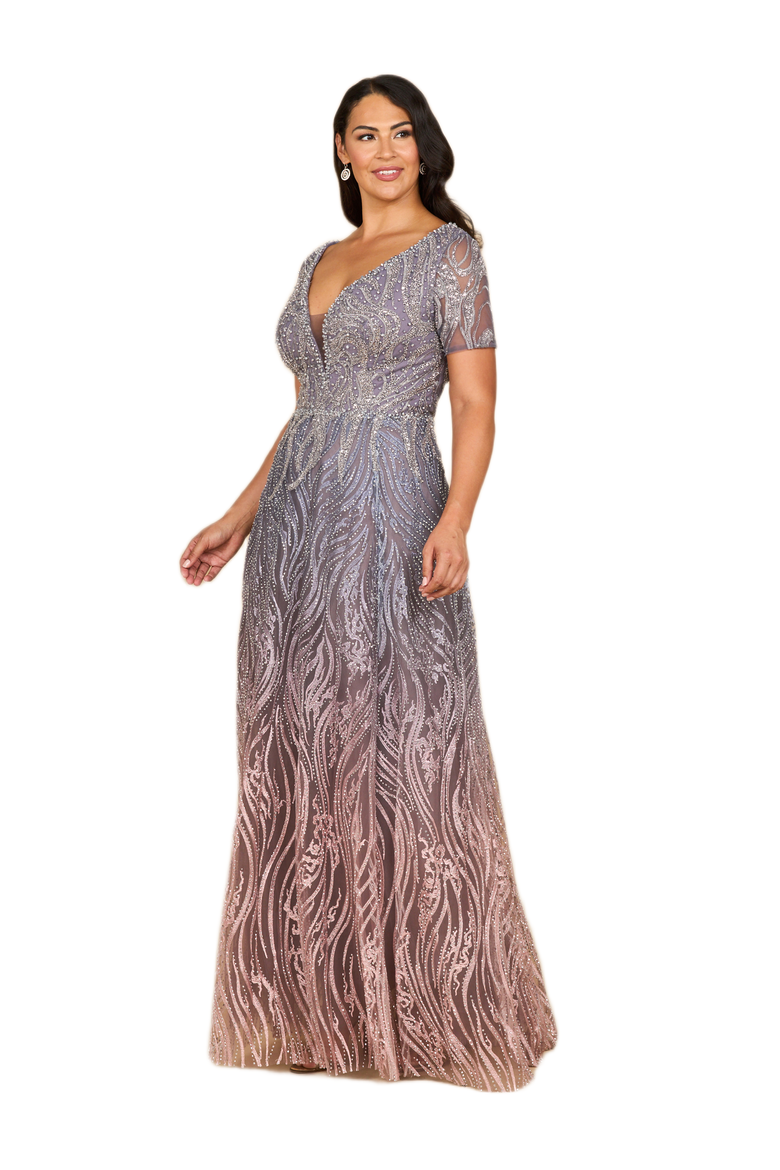 Short Sleeve V-Neck Beaded Ballgown, Alternate, color, Multi