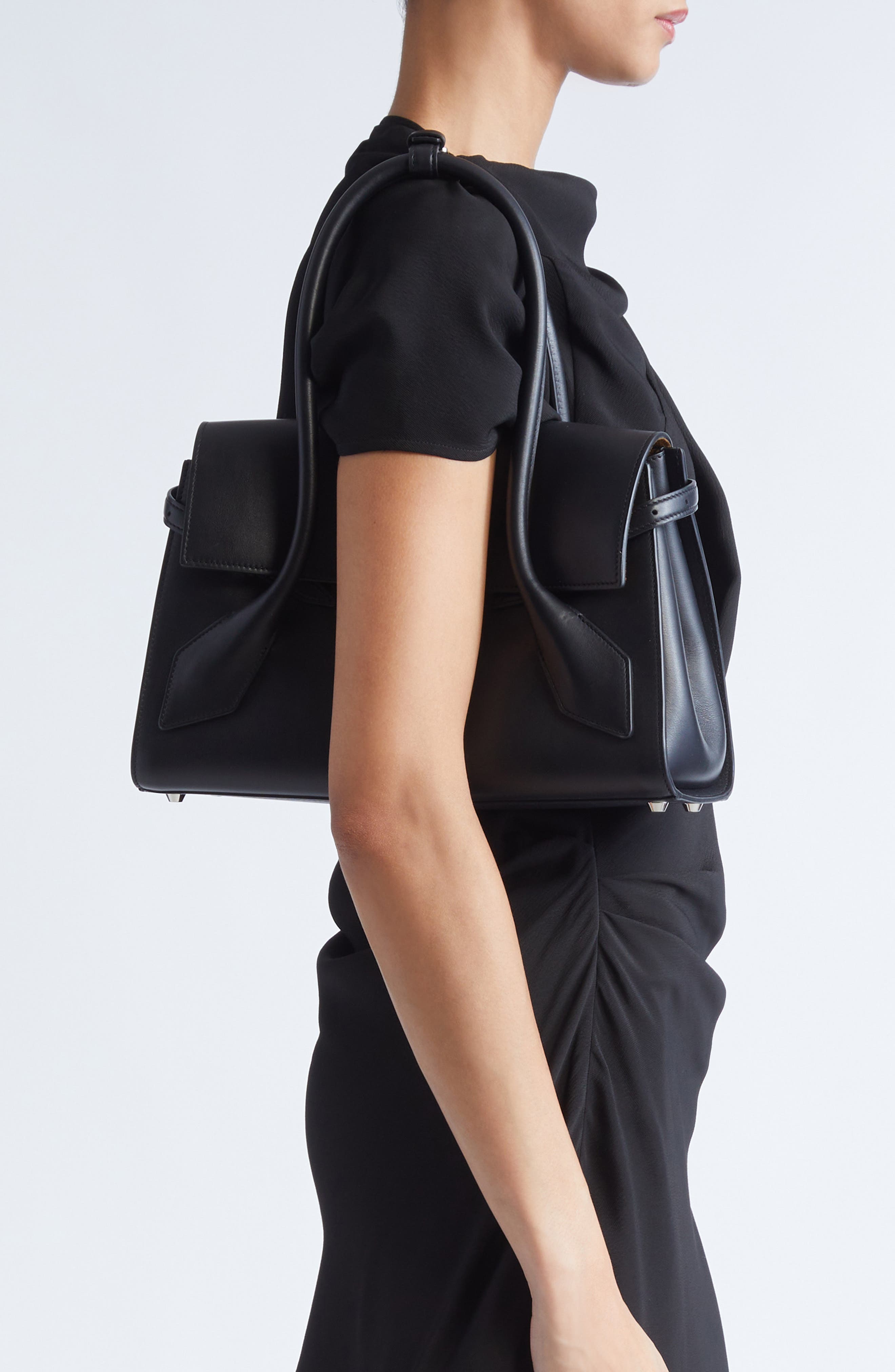 Small Tate Leather Tote, Alternate, color, BLACK