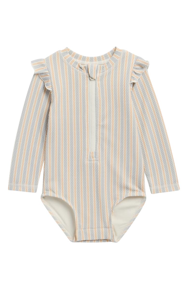 QUINCY MAE Kids' Byron Stripe Long Sleeve Piqué UPF 50+ One-Piece Swimsuit, Main, color, Blue