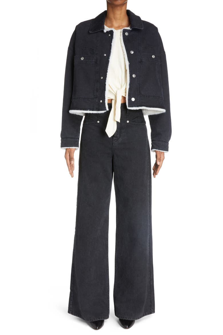 Paoleta Denim & Faux Shearling Jacket, Alternate, color, BLACK