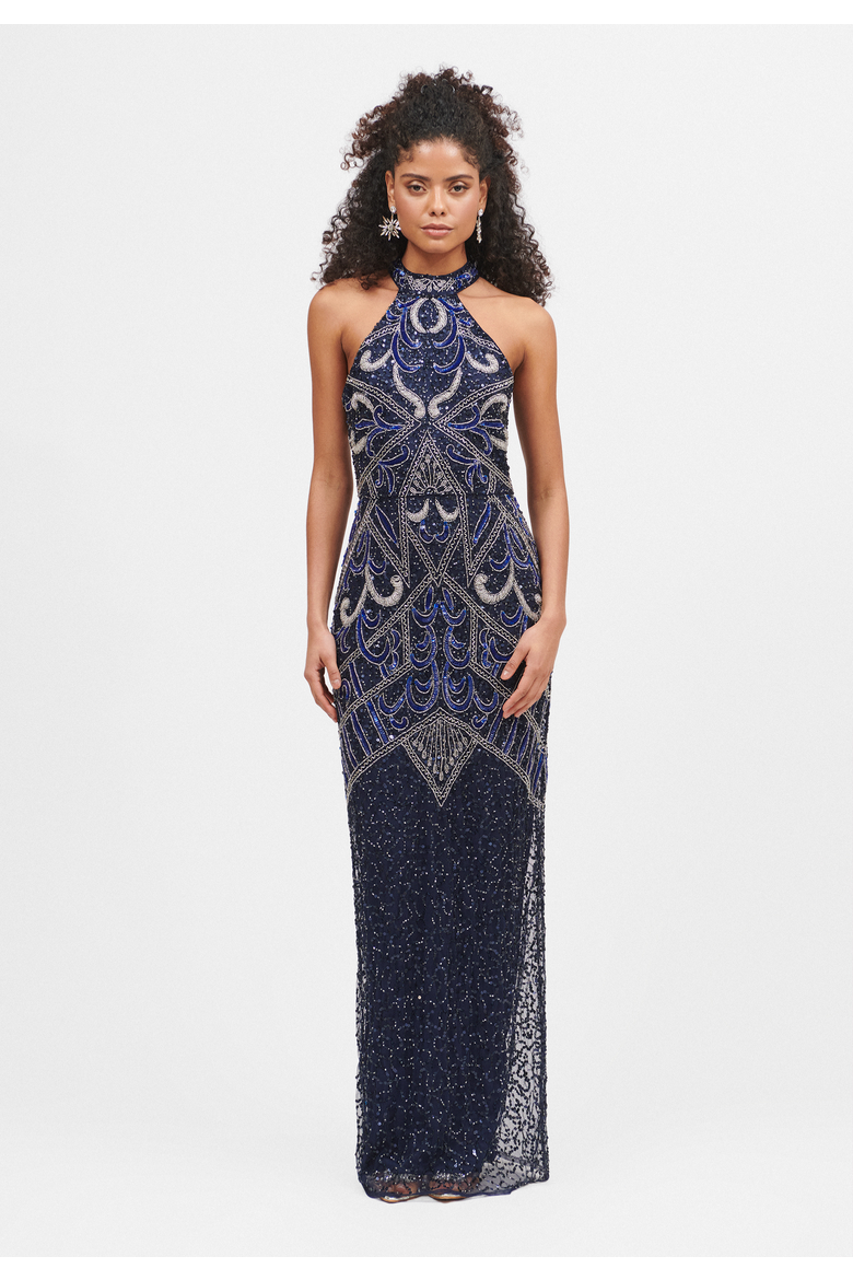 Halterneck Embellished Sequin Beaded Maxi Dress, Main, color, MID NIGHT BLUE