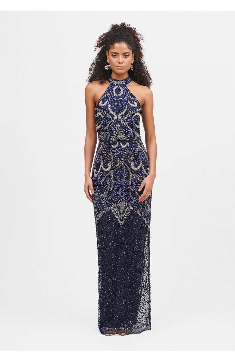 BEAUUT Halterneck Embellished Sequin Beaded Maxi Dress, Main, color, Mid Night Blue