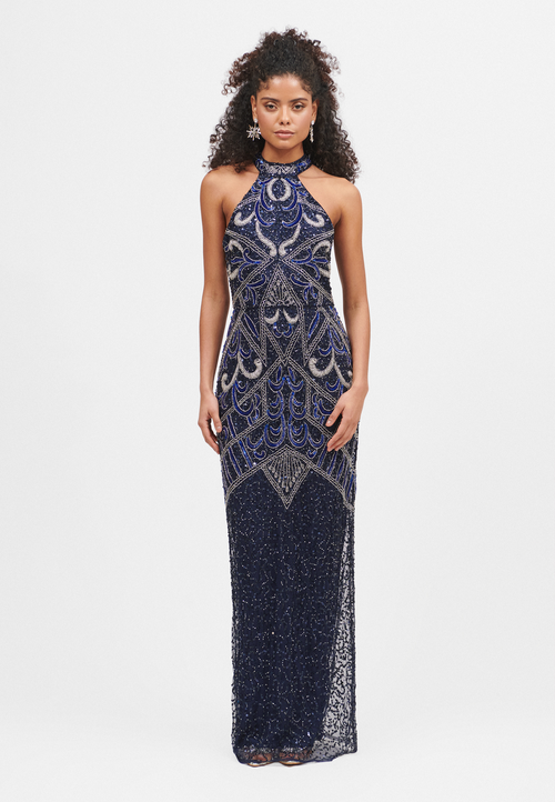 Beauut Halterneck Embellished Sequin Beaded Maxi Dress In Blue
