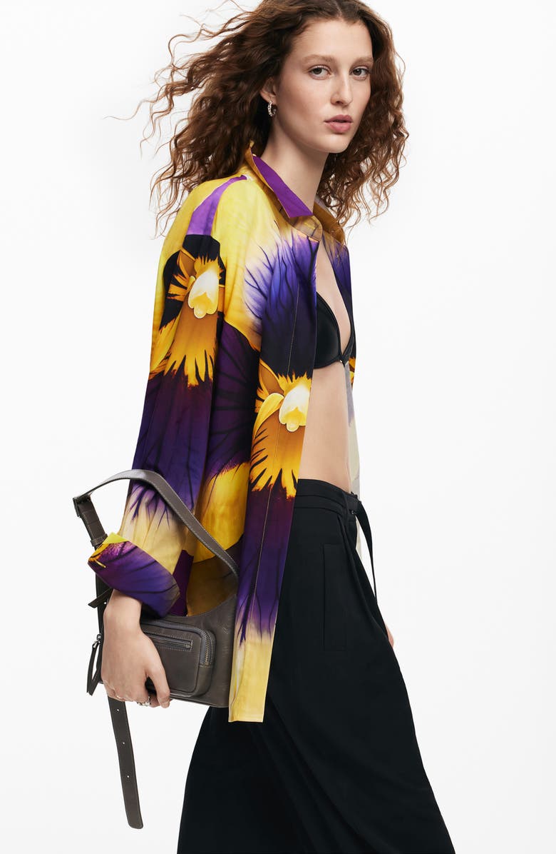 Desigual Pensee Lacroix Pansy Print Cotton & Lyocell Button-Up Shirt, Alternate, color, Yellow Mix