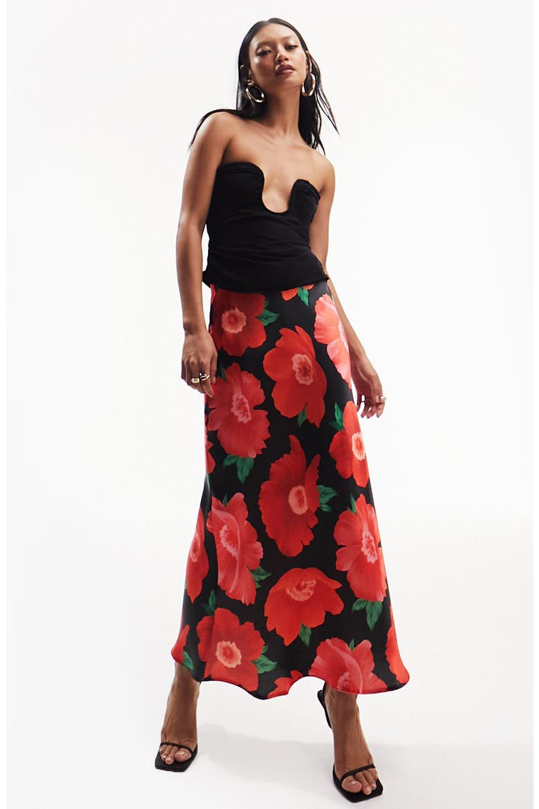 Floral Bias Cut Satin Skirt, Alternate, color, BLACK