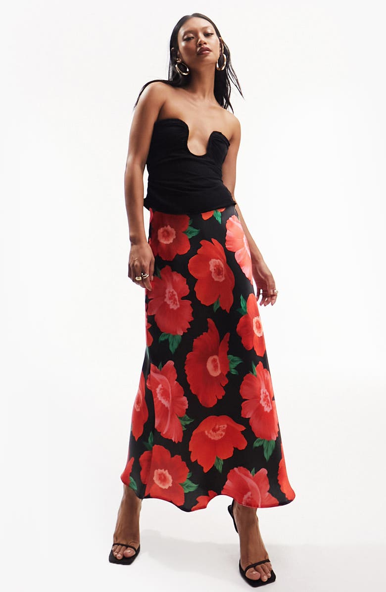 ASOS DESIGN Floral Bias Cut Satin Skirt, Alternate, color,