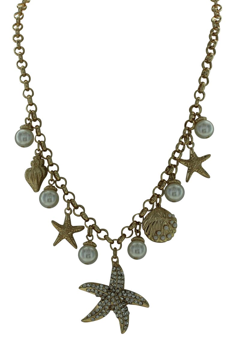 Crystal & Faux Pearl Starfish Charm Necklace, Alternate, color, GOLD / WHITE