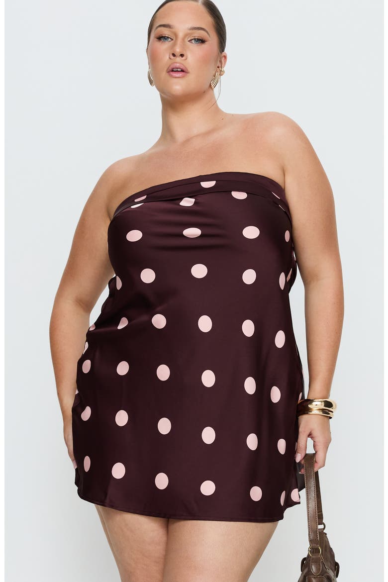 Phillipa Polka Dot Foldover Strapless Satin Minidress, Alternate, color, PLUM/ PINK POLKA DOT