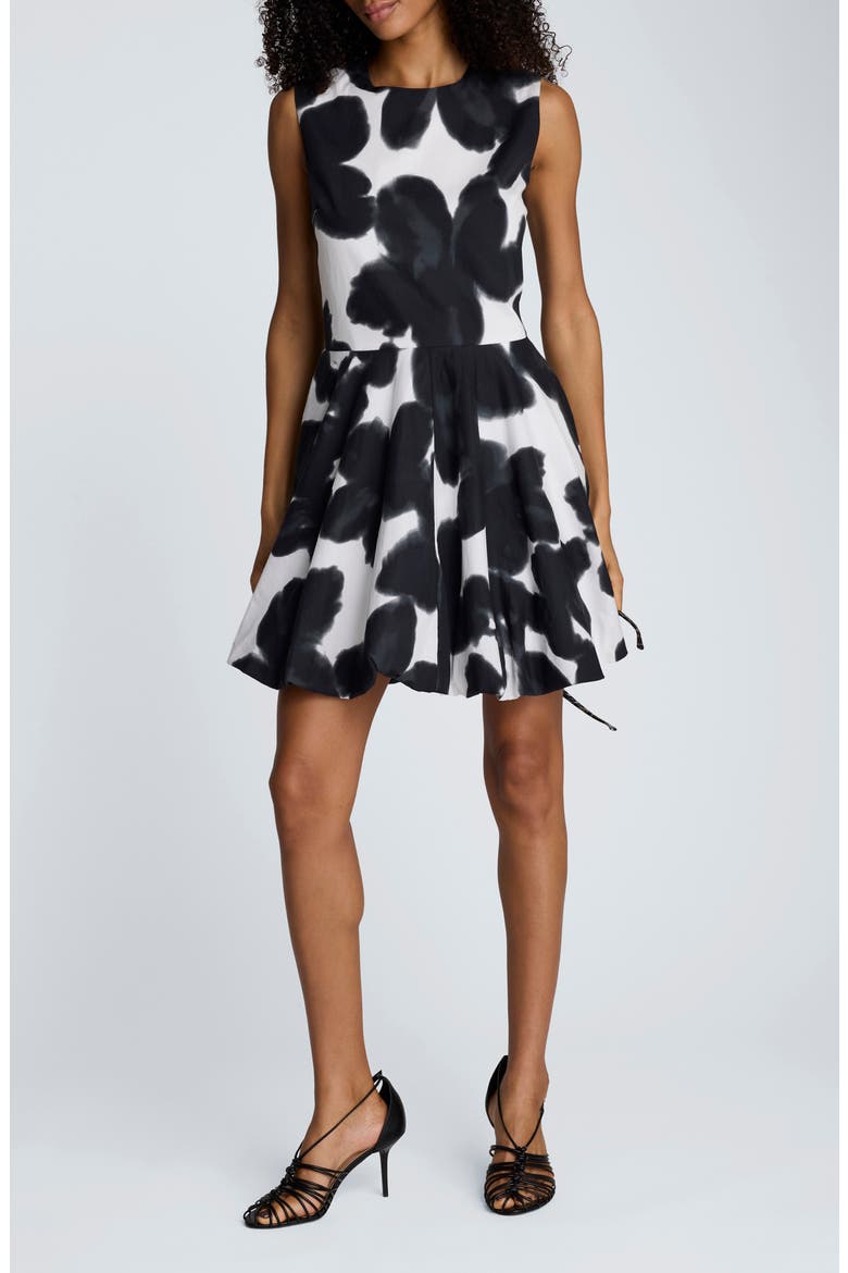 Floral Print Bubble Hem Minidress, Main, color, NATURAL WHITE / BLACK