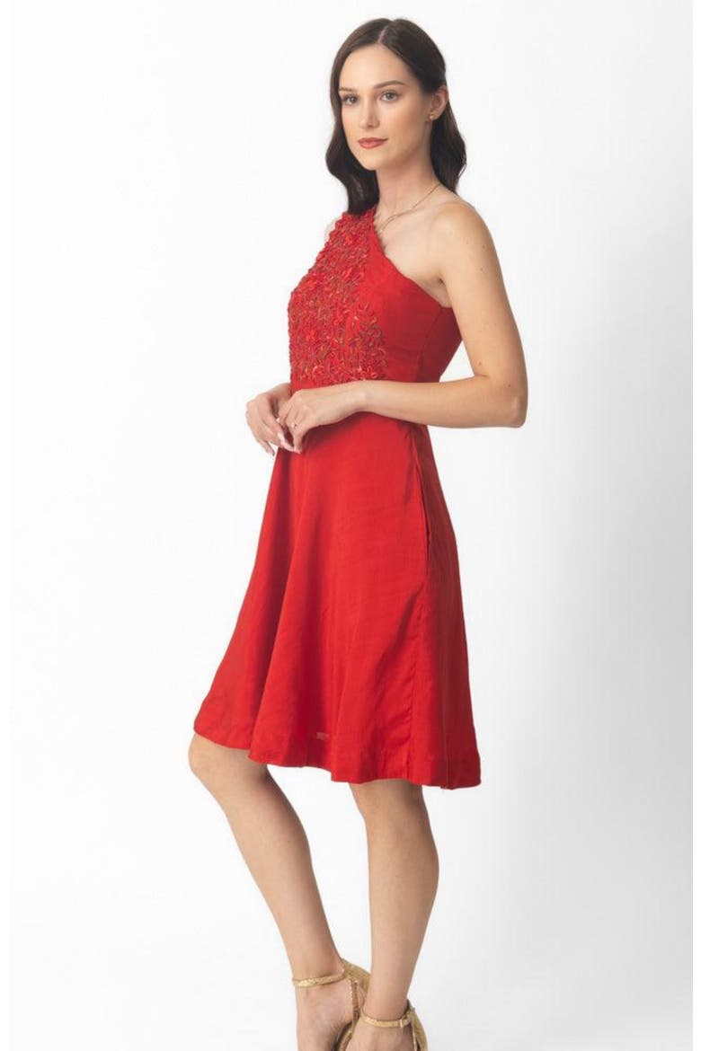 Aerin Raw Silk One-Shoulder Short Dress, Alternate, color, Red