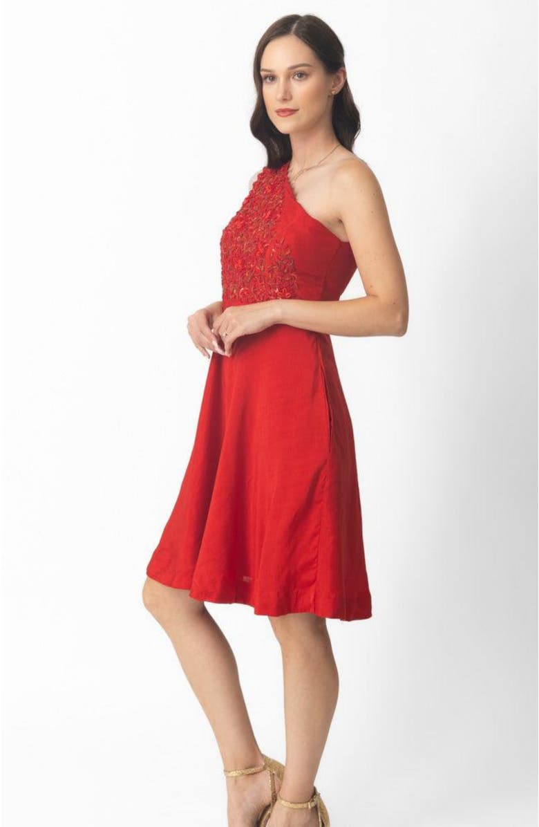 RAAS Aerin Raw Silk One-Shoulder Short Dress, Alternate, color, Red