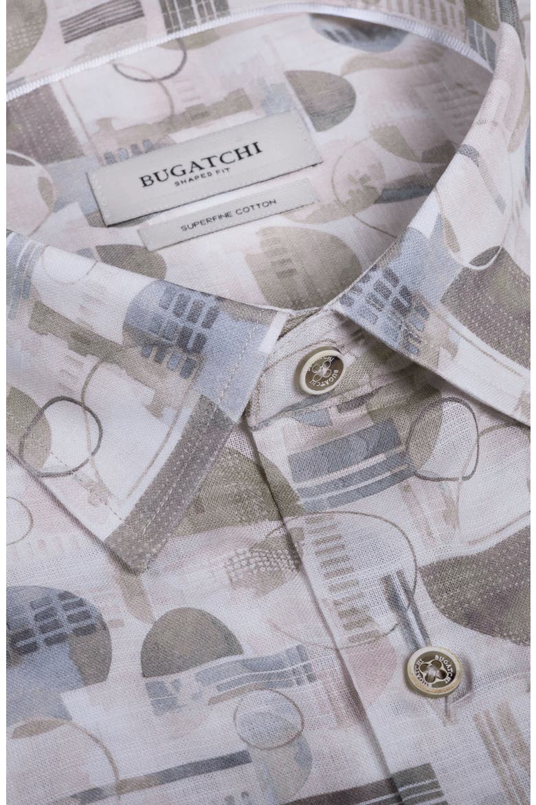 Vero Shaped Fit Geometric Print Short Sleeve Button-Up Shirt, Alternate, color, KHAKI