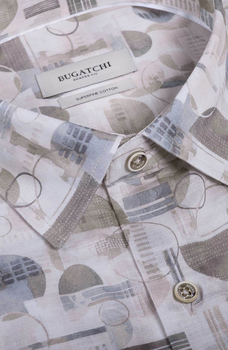 Bugatchi Vero Shaped Fit Geometric Print Short Sleeve Button-Up Shirt, Alternate, color, Khaki