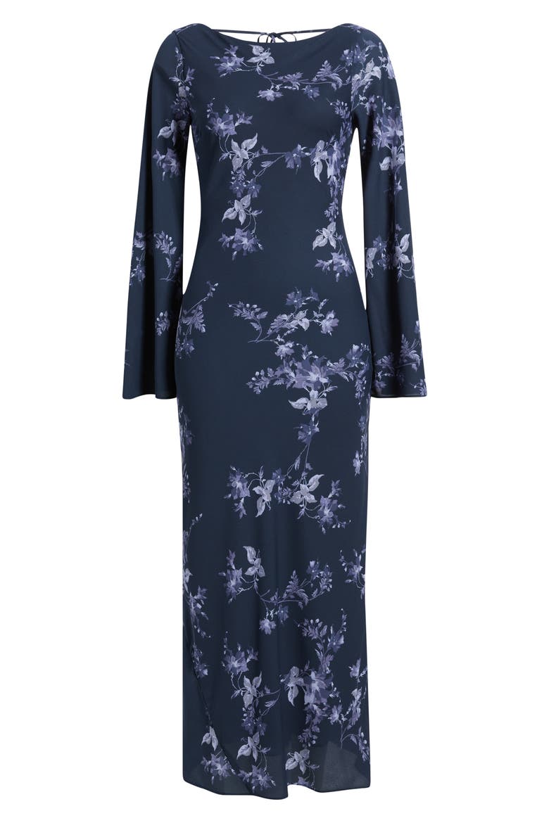 Print Long Sleeve Drape Back Dress, Alternate, color, NAVY-BLUE GARDEN TRAILS