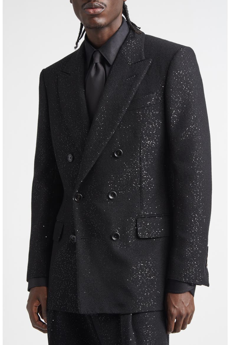 Sequin Light Double Breasted Wool Blend Bouclé Blazer, Alternate, color, NAA BLACK