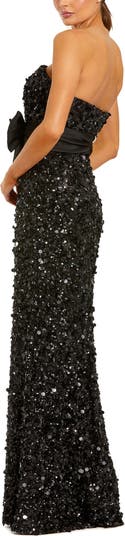 Strapless Sequin Column Evening Gown With Bow