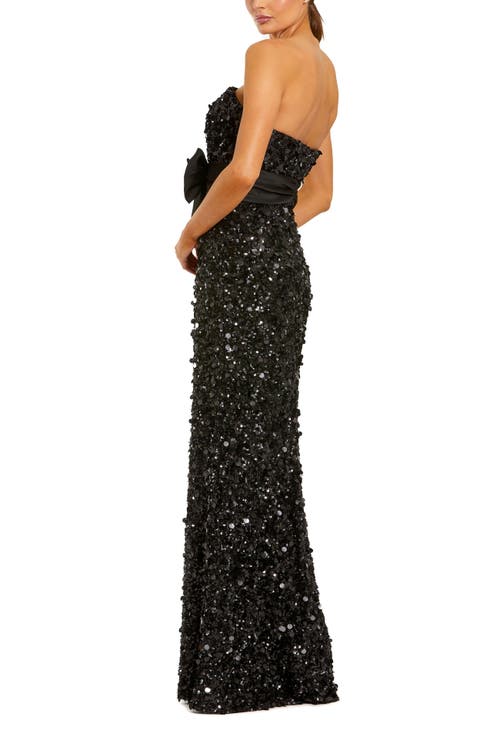Mac Duggal Strapless Sequin Column Evening Gown With Bow In Black