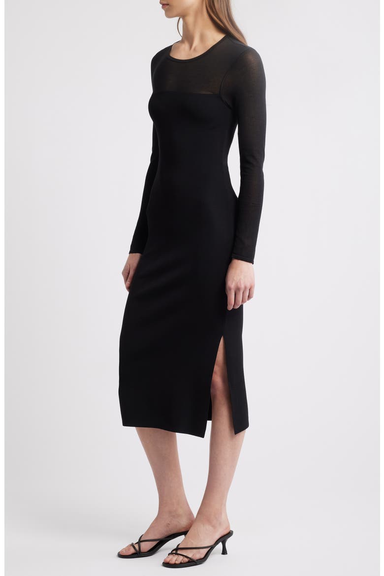 Luz Sheer Yoke & Long Sleeve Midi Dress, Alternate, color, BLACK