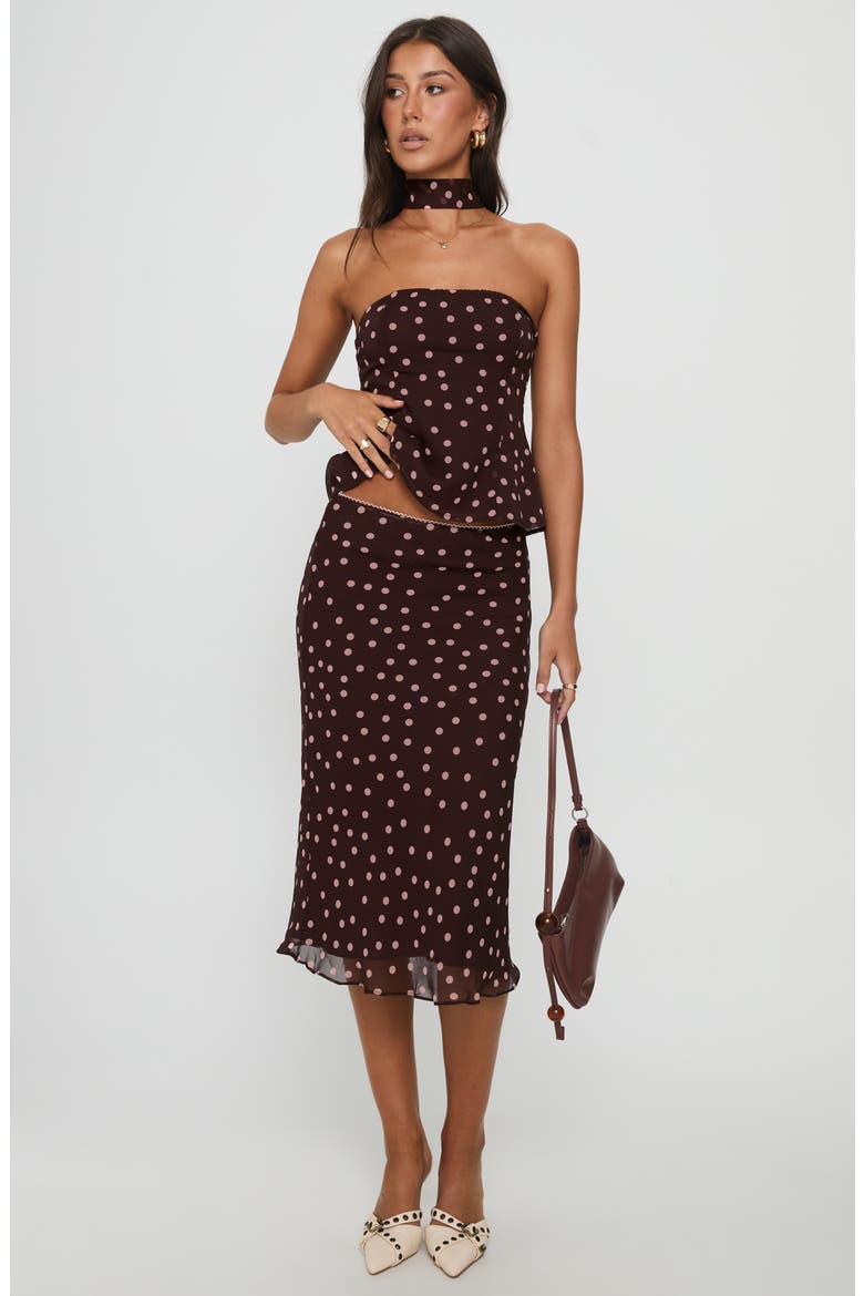 Sydni Dot Bias Cut Midi Skirt, Alternate, color, CHOCOLATE/ PINK POLKA