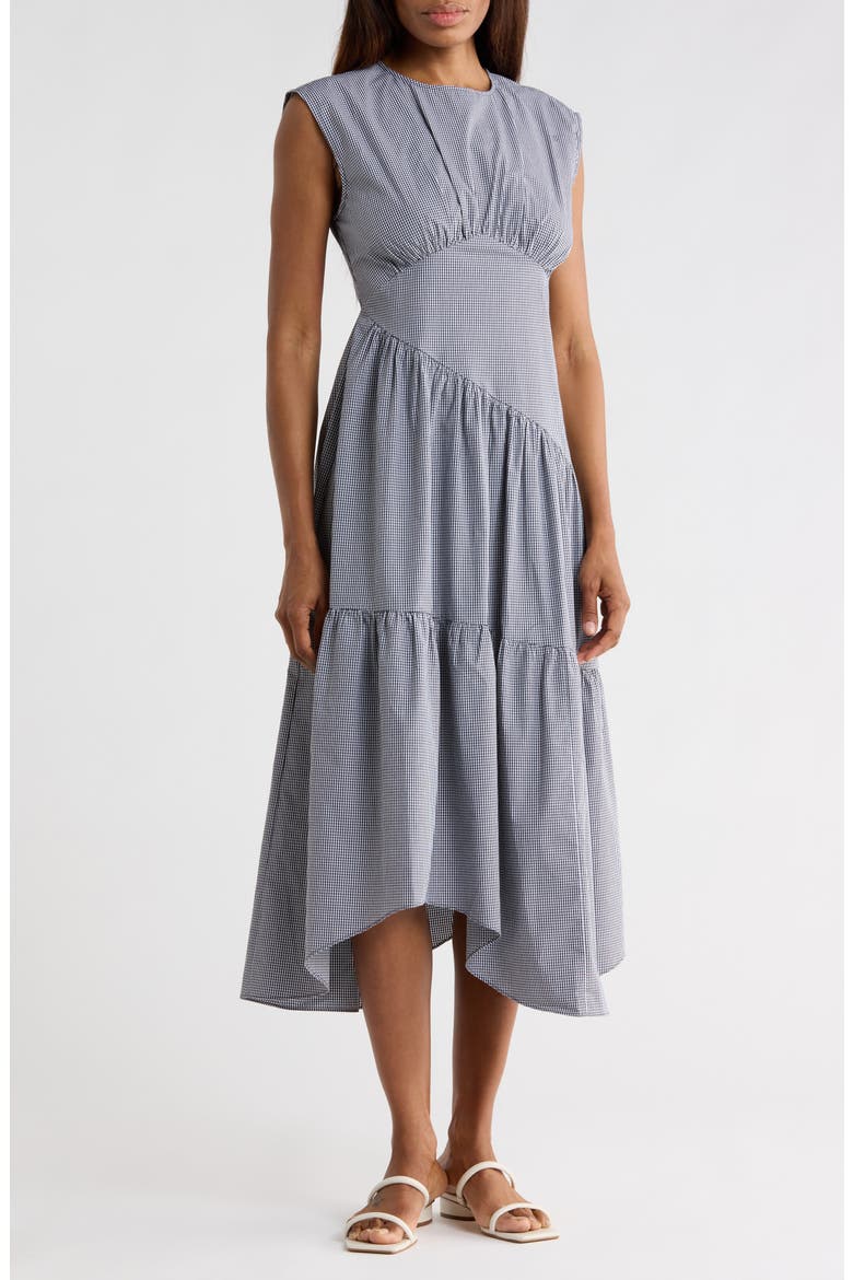 The Check Sleeveless Gathered Cotton Dress, Main, color, NAVY MULTI