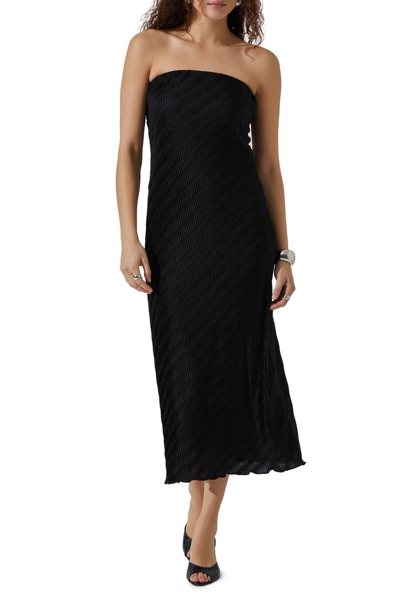 Plissé Strapless Midi Dress, Main, color, BLACK