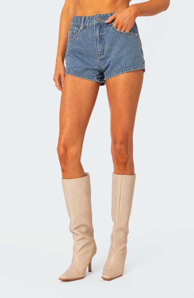 EDIKTED Bow Pocket High Waist Denim Shorts, Main, color, Blue-Washed