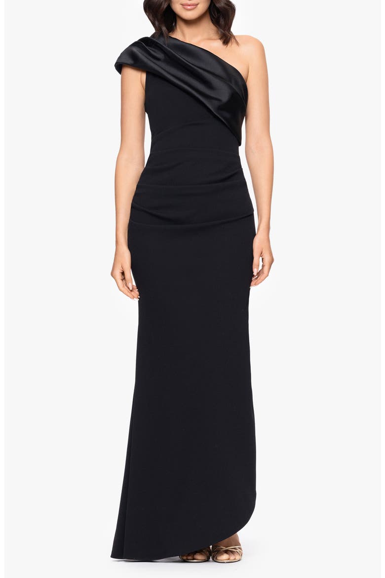 One Shoulder Mikado & Scuba Crepe Column Gown, Main, color, BLACK