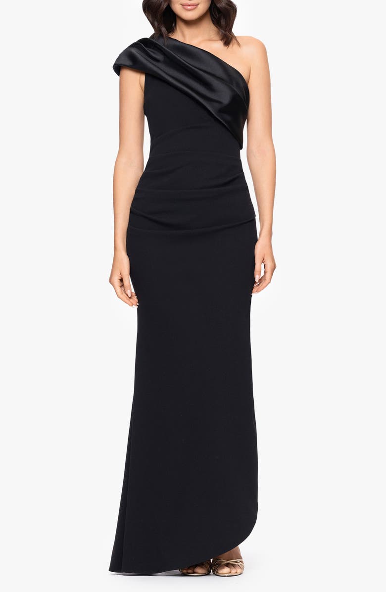 Betsy & Adam One Shoulder Mikado & Scuba Crepe Column Gown, Main, color, Black