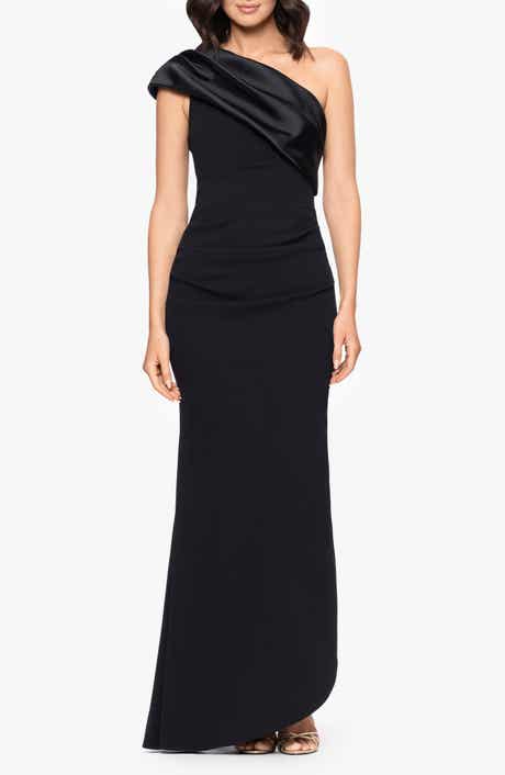 Betsy & Adam One Shoulder Mikado & Scuba Crepe Column Gown