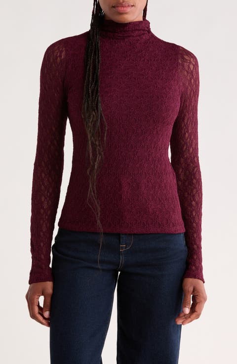 Lace Long Sleeved Mock Neck Top