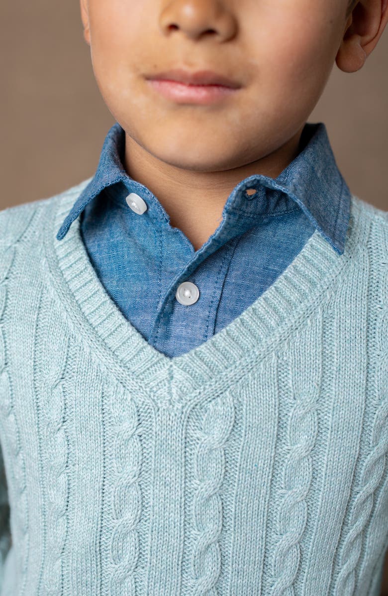 Hope & Henry Organic Long Sleeve Fine Gauge Cable V-Neck Sweater, Alternate, color, Dusty Blue Heather Cable