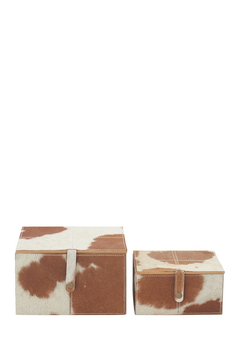 Brown Leather & Genuine Calf Hair Handmade Box with Hinged Lid - Set of 2, Main, color, BRONW