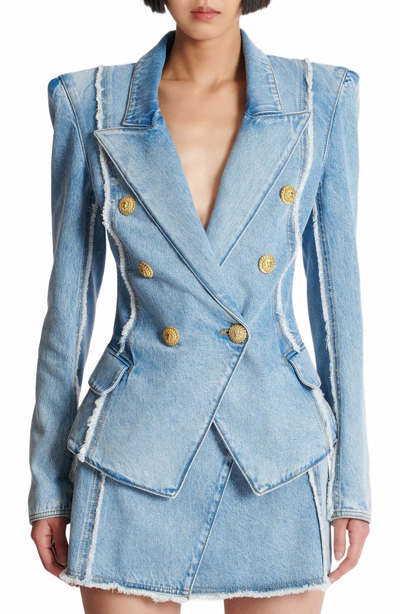 Balmain 6-Button Tailored Denim Jacket, Alternate, color, Blue