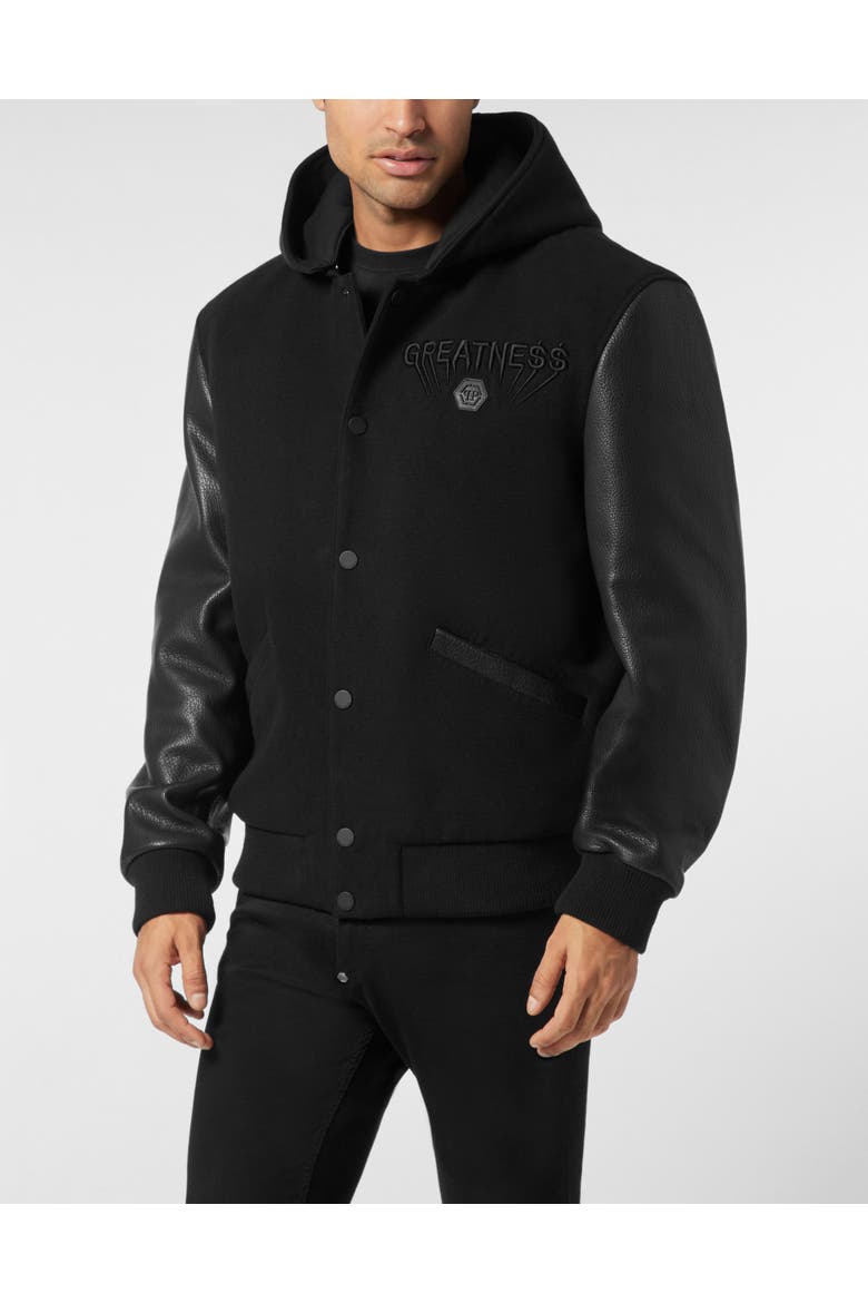 Hooded Varsity Bomber With Leather Sleeves Greatness Men, Main, color, black/black