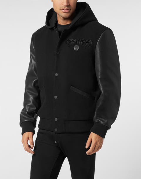 Hooded Varsity Bomber With Leather Sleeves Greatness Men