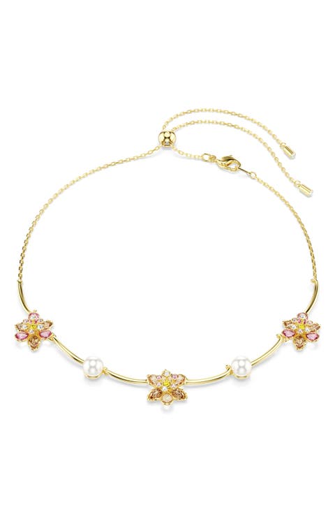 Idyllia Crystal Flower & Faux Pearl Collar Necklace