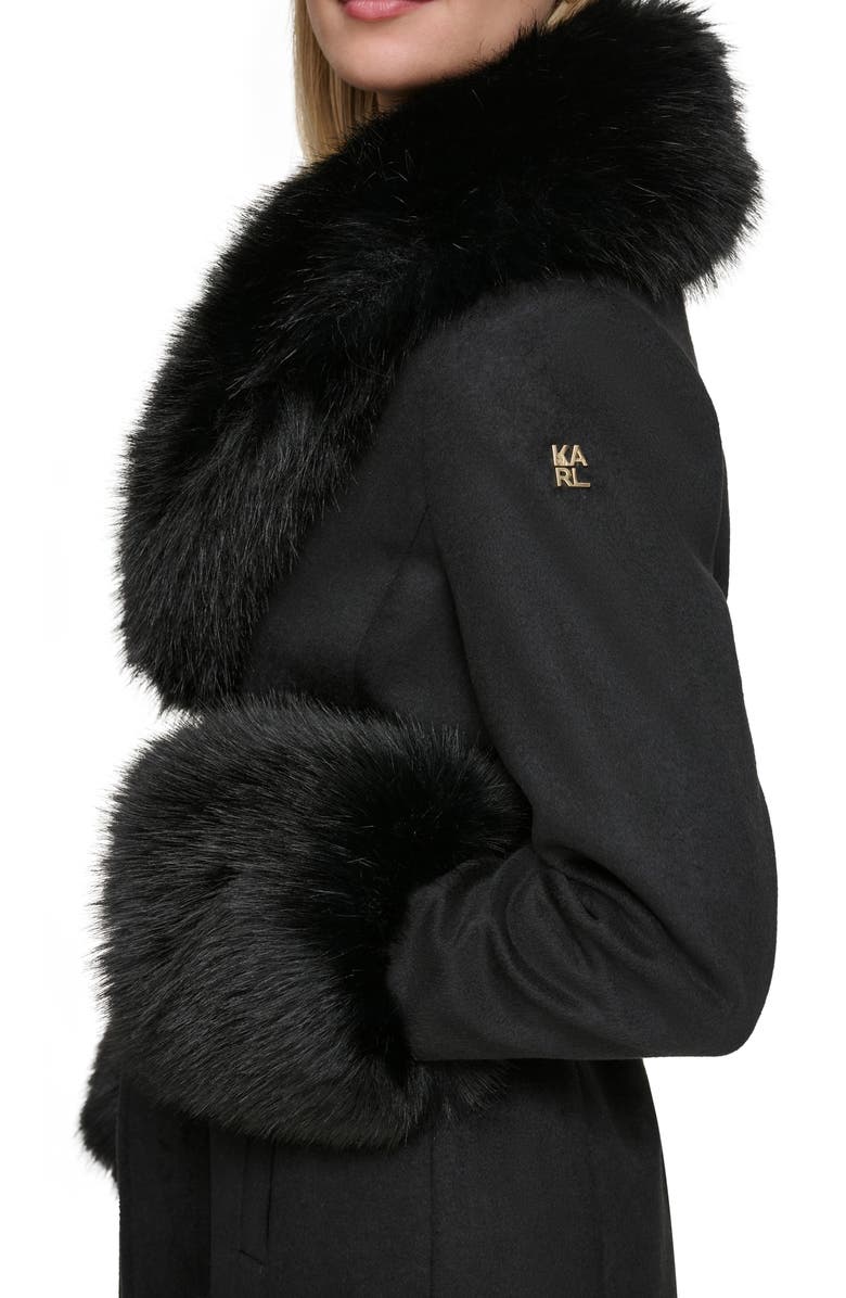 KARL LAGERFELD PARIS Faux Fur & Wool Blend Coat, Alternate, color, Black