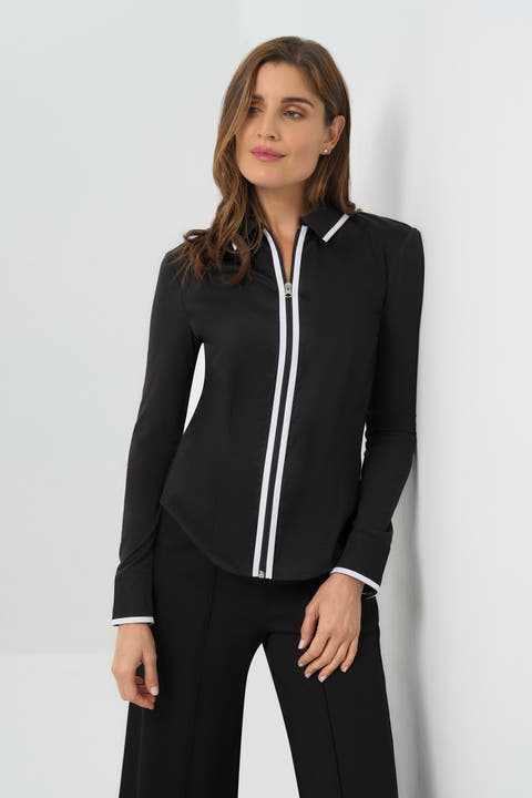 Bruna Collared Zip Top with Poplin Front