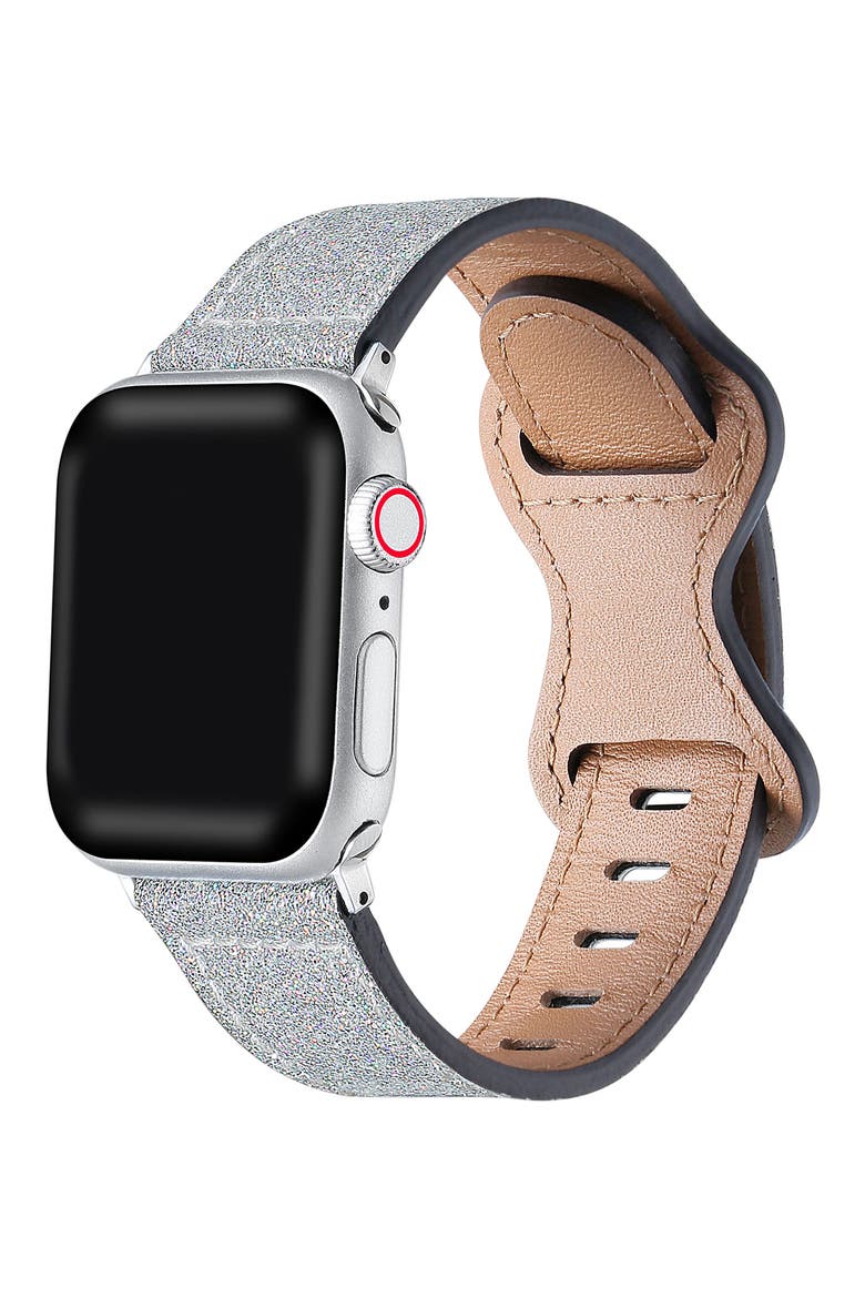 Callie Glitter Leather Apple Watch® Watchband, Alternate, color, SILVER