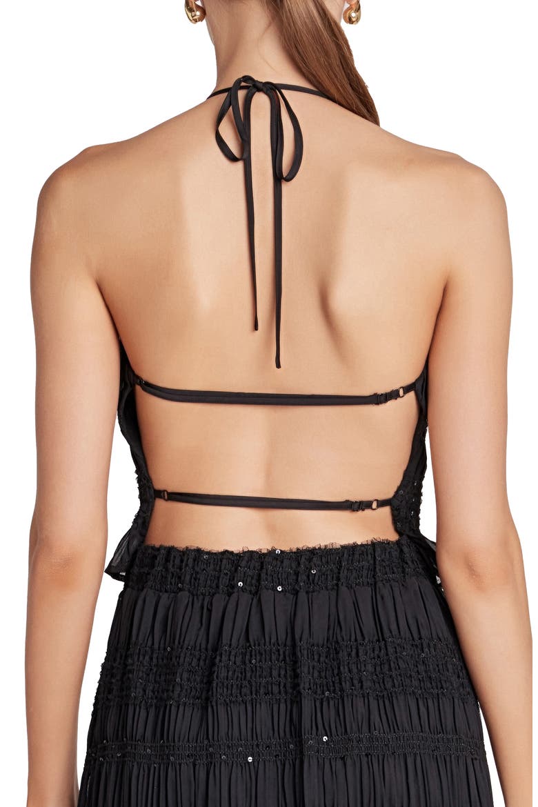 Sequin Shirred Open Back Chiffon Halter Top, Alternate, color, BLACK