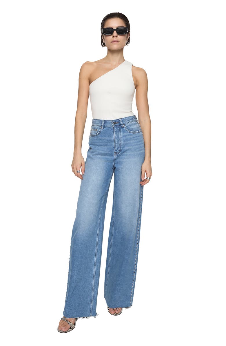 Rebecca Minkoff Camille Stud Raw Hem Wide Leg Jeans, Alternate, color, Bleeker Wash