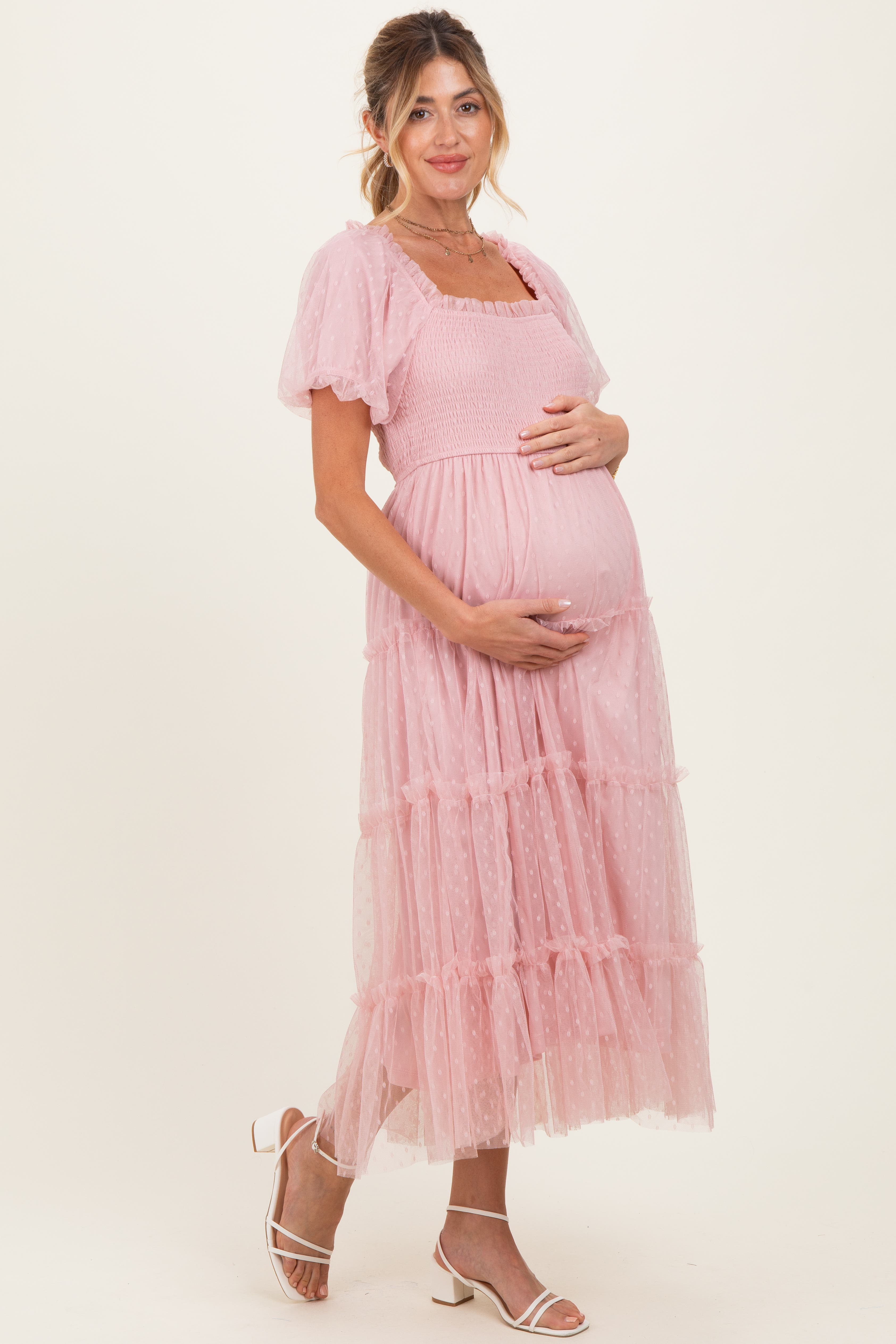 Pink Tulle Tulle Puff Sleeve Smocked Midi Dress - image 2