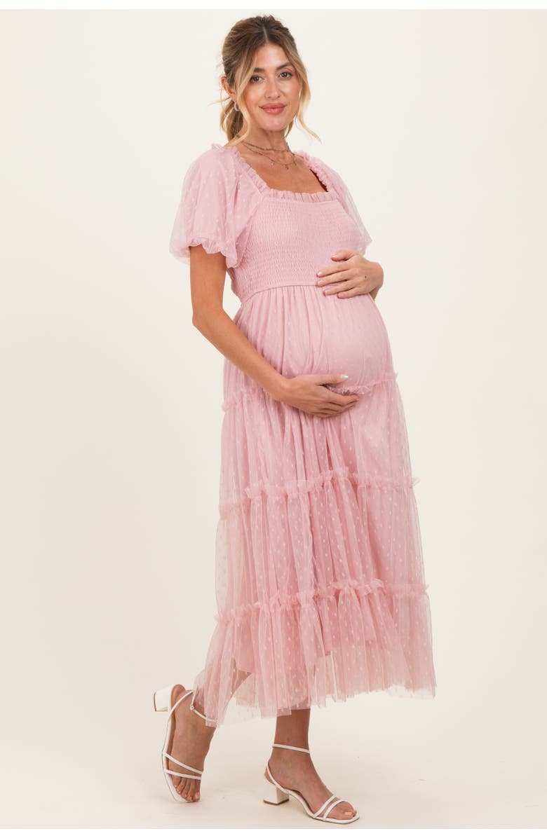 PinkBlush Pink Tulle Tulle Puff Sleeve Smocked Midi Dress, Alternate, color, Light Pink