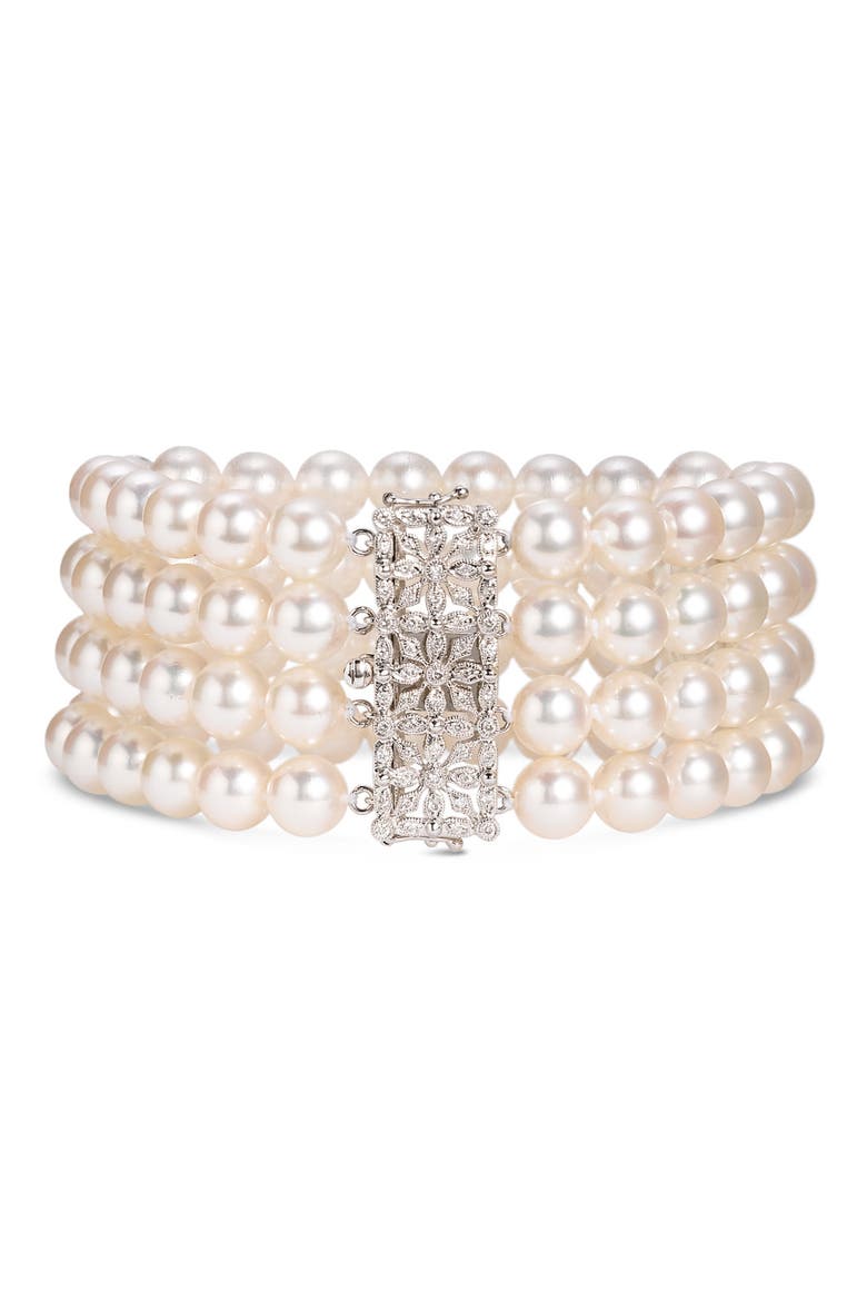 4-Strand Pearl & Diamond Clasp Bracelet, Main, color, WHITE PEARL