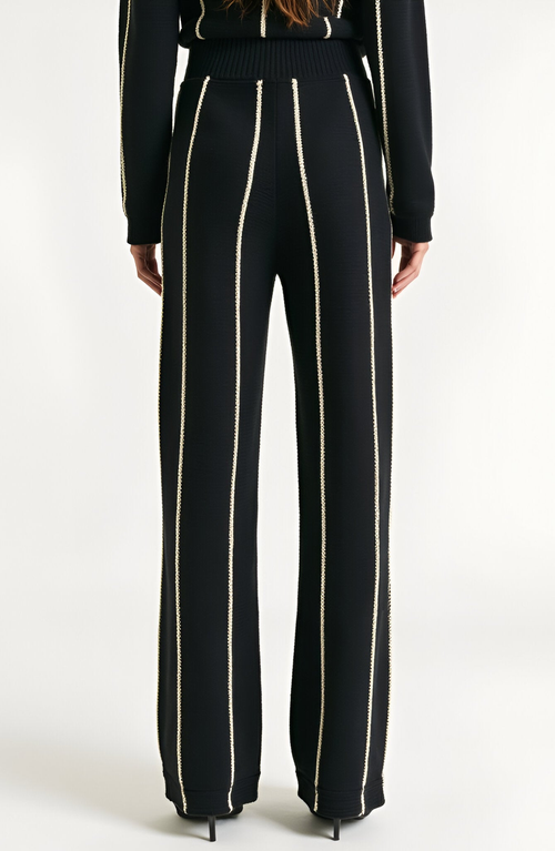 Modenaire Wide Leg Knit Pants With Contrasting Vertical Stripe And Ribbed Waistband In Black