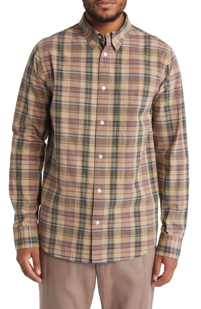 NN07 Cohen 5204 Plaid Organic Cotton Poplin Button-Up Shirt, Main, color, Khaki Check