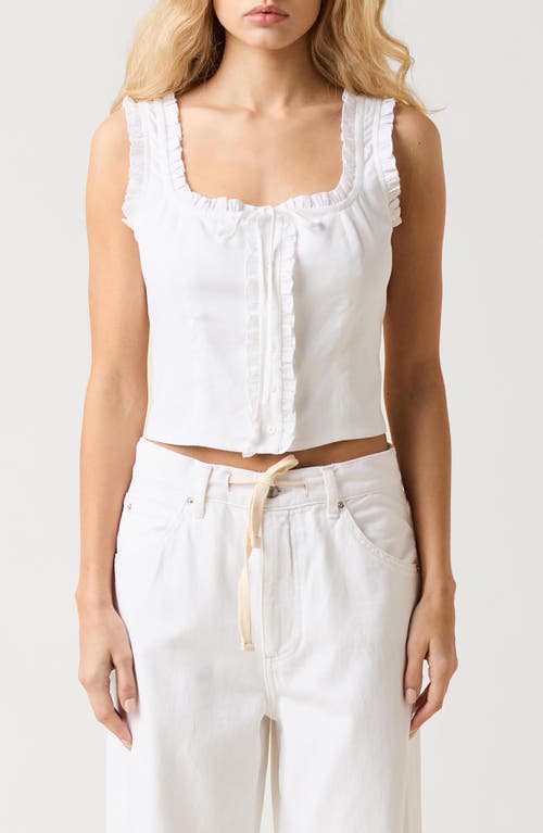 Le Jean Ruffle Trim Linen Blend Crop Tank In White