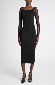 Valentino Garavani Lace Long Sleeve Rib Virgin Wool Blend Sweater Dress