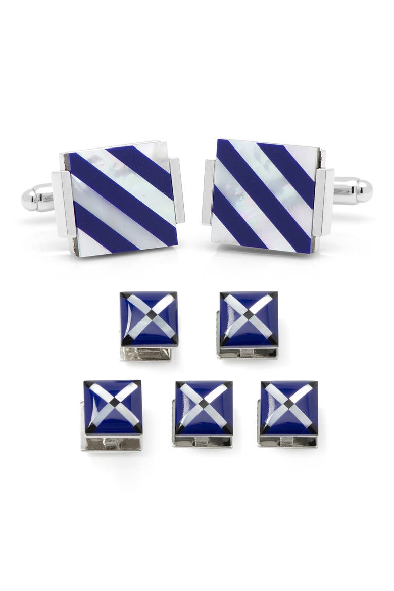 Men's 7-Piece Square Mother-of-Pearl Shirt Studs & Cuff Links Set, Main, color, BLUE