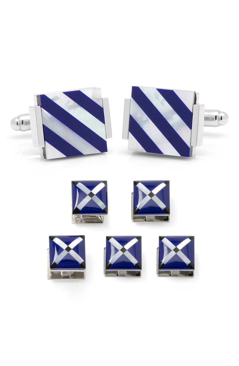 Cufflinks, Inc. Men's 7-Piece Square Mother-of-Pearl Shirt Studs & Cuff Links Set, Main, color, Blue